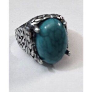 Faux Turquoise Silver-Tone Statement Ring Size 8.5 Chunky Boho Southwestern Band